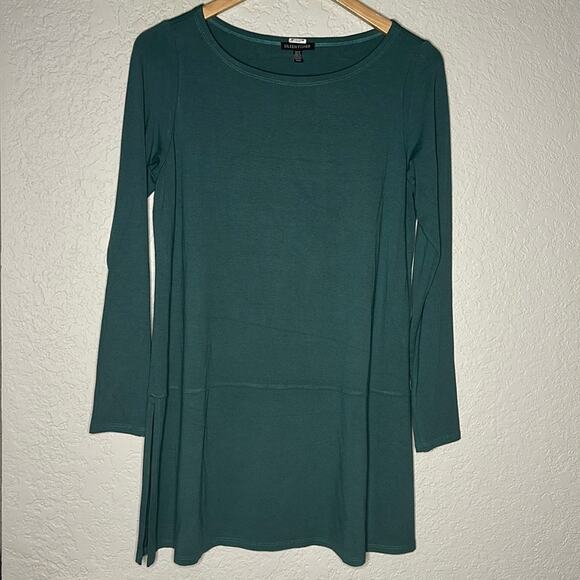 Eileen Fisher Pine Green Viscose Tunic Top Long Sleeve Lagenlook Minimalist Fall - Picture 1 of 7